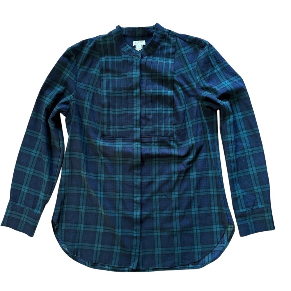 J.Crew Factory Black Watch Plaid Pleated Bib Blouse Navy Green Womens Small